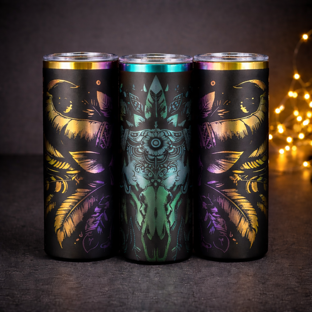 Boho Feather Desert Skull Rainbow Tumbler - 20 oz Skinny