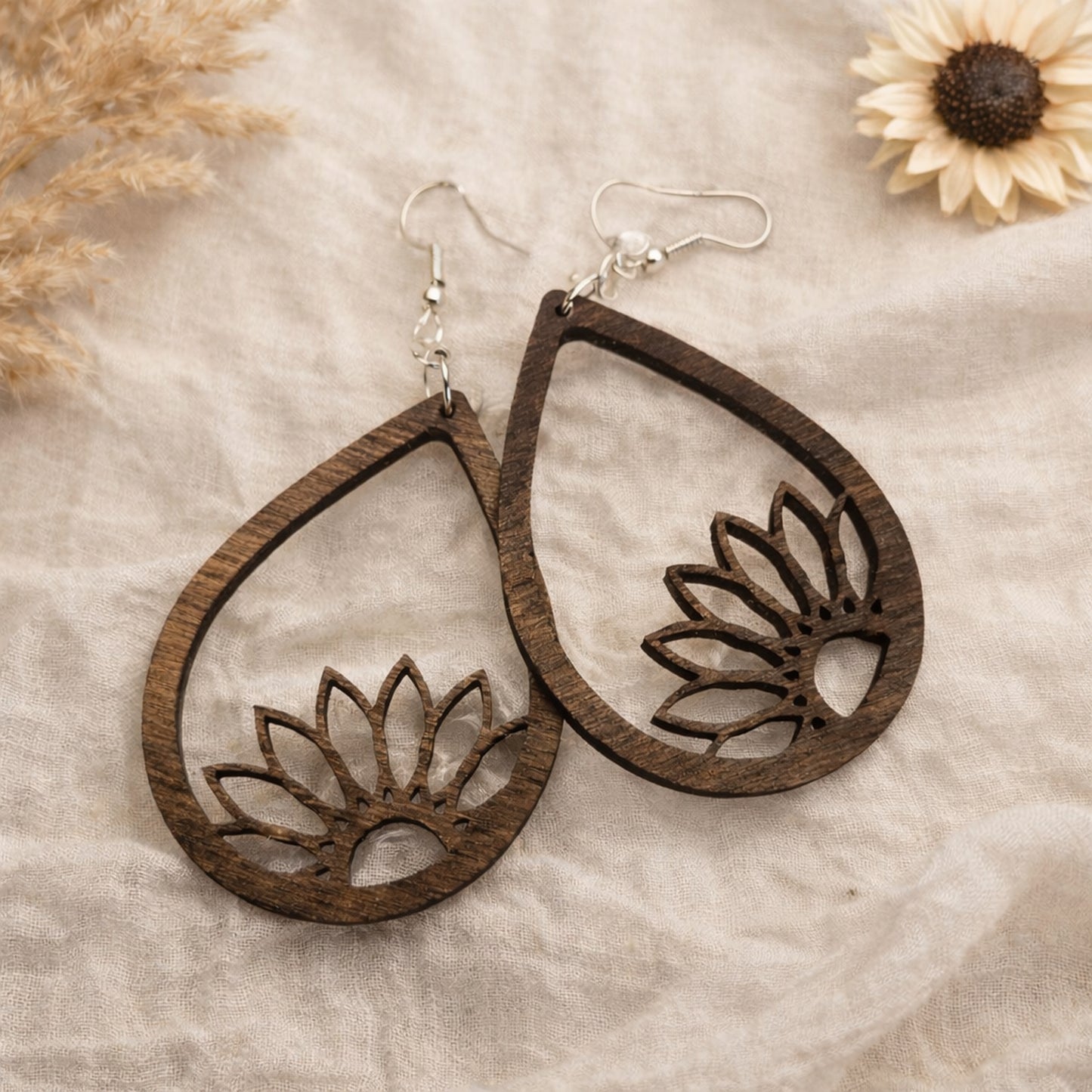 Half Flower Tear Drop Earrings - 44 x 30 mm