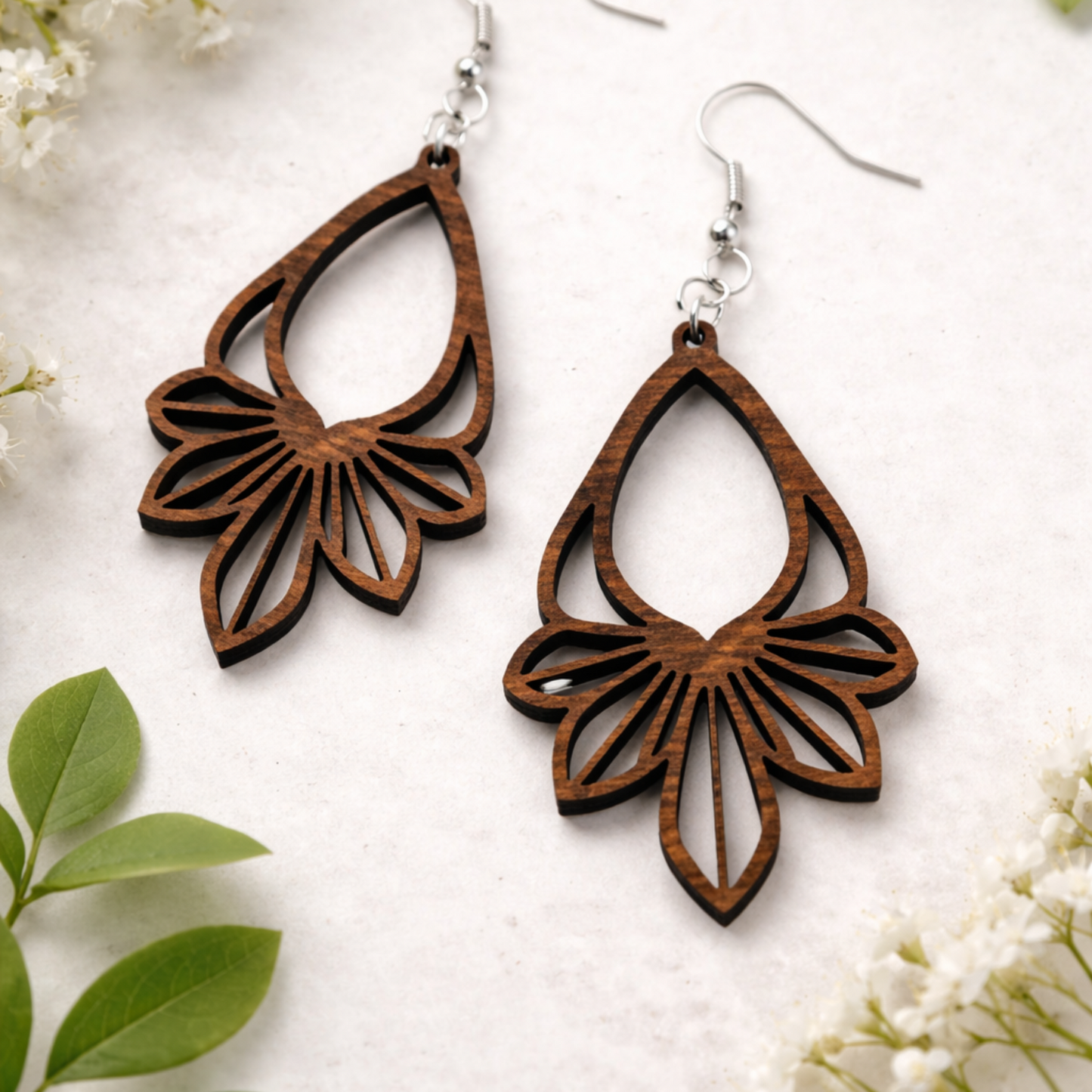 Lotus Flower Tear Drop Earrings - 42 x 25 mm