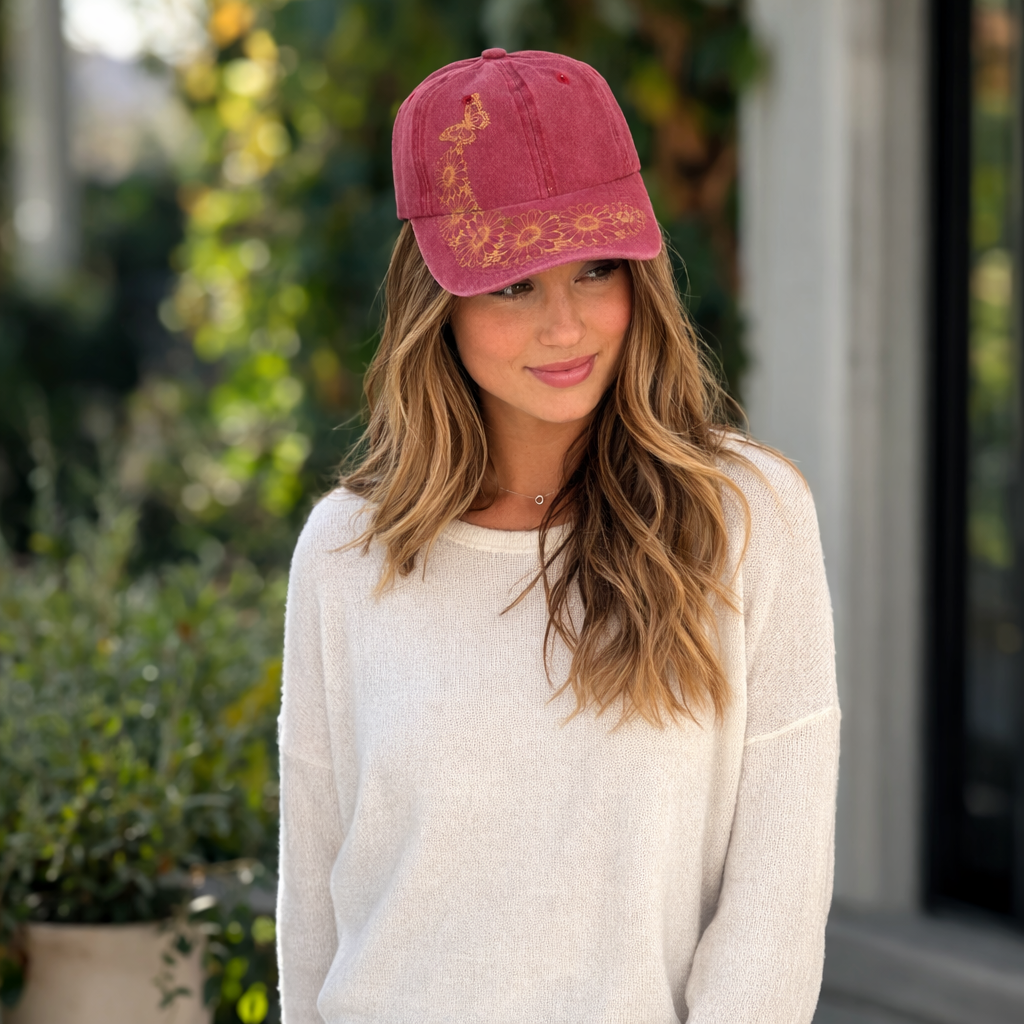 Red Daisy Engraved Baseball Cap