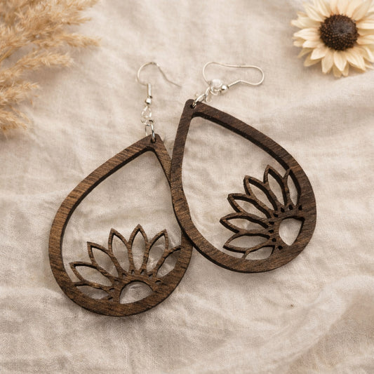 Half Flower Tear Drop Earrings - 44 x 30 mm