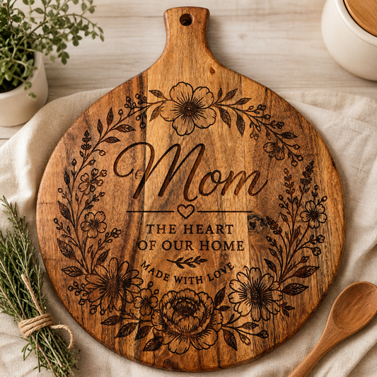 Mom, The Heart of Our Home Acacia Cutting Board - 11"