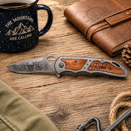 Rebel, Skulls Engraved Pocket Knife