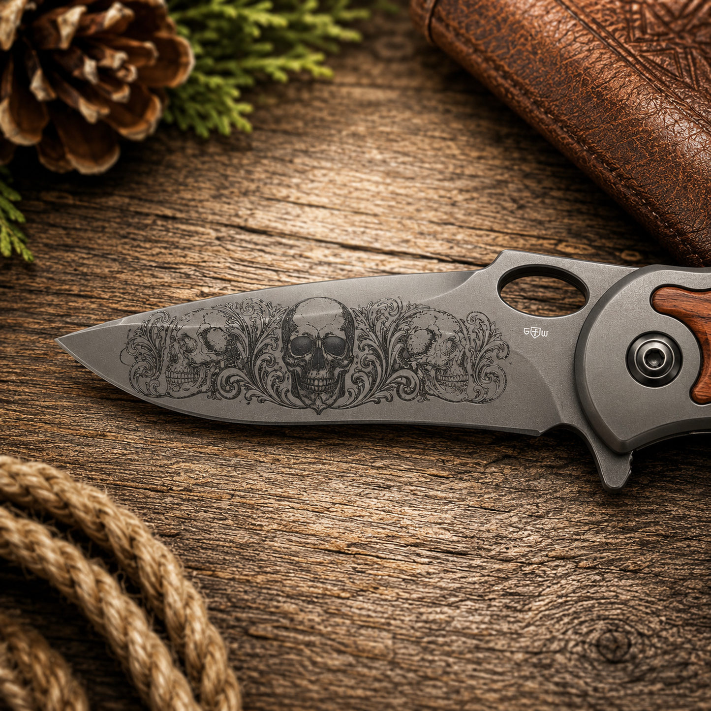 Rebel, Skulls Engraved Pocket Knife