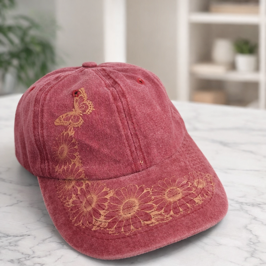 Red Daisy Engraved Baseball Cap