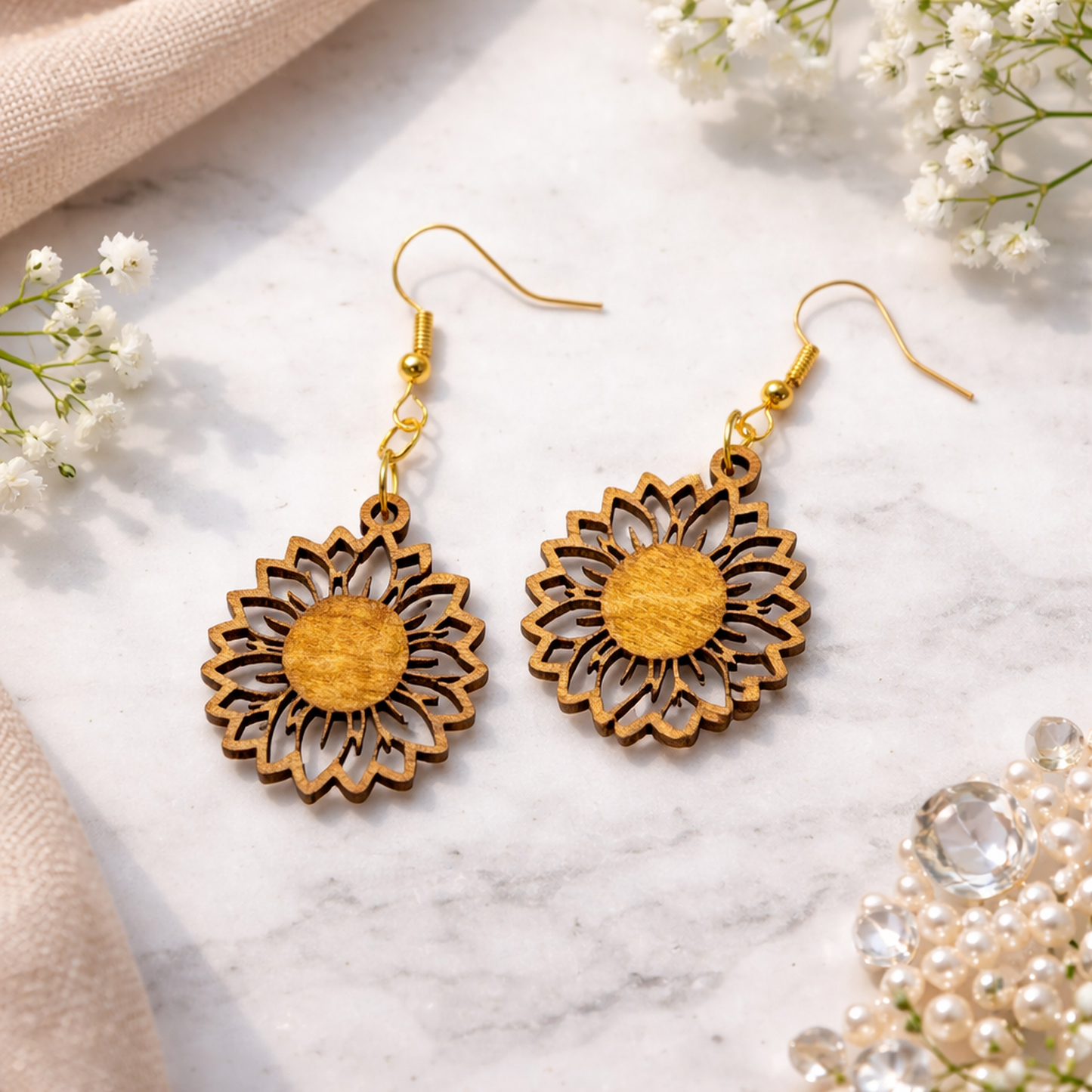 Sunflower Dangle Earrings - 32 x 27 mm