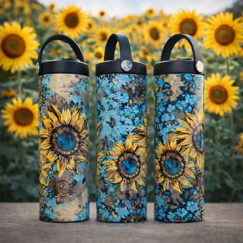 Sunflower and Turquois Sublimated Tumbler - 20 oz Skinny