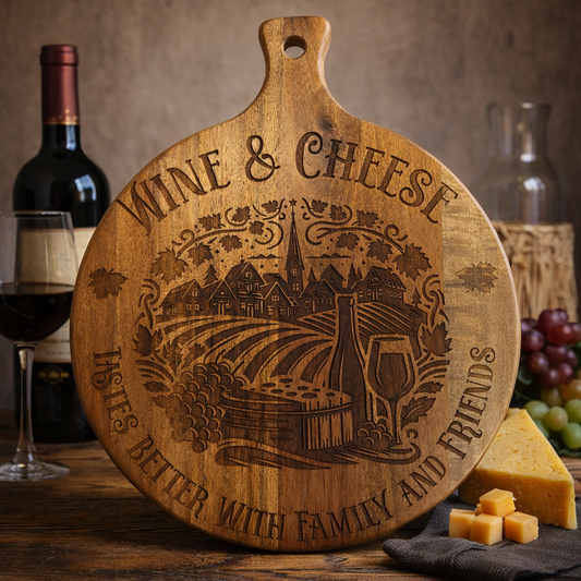 Wine & Cheese Engraved Acadia Cutting Board 11.5" x 14"