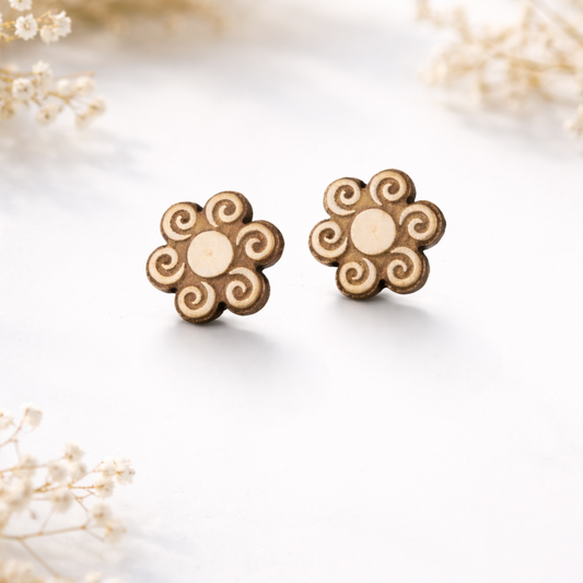 Engraved Flower Stud Earring - 12 x 12 mm