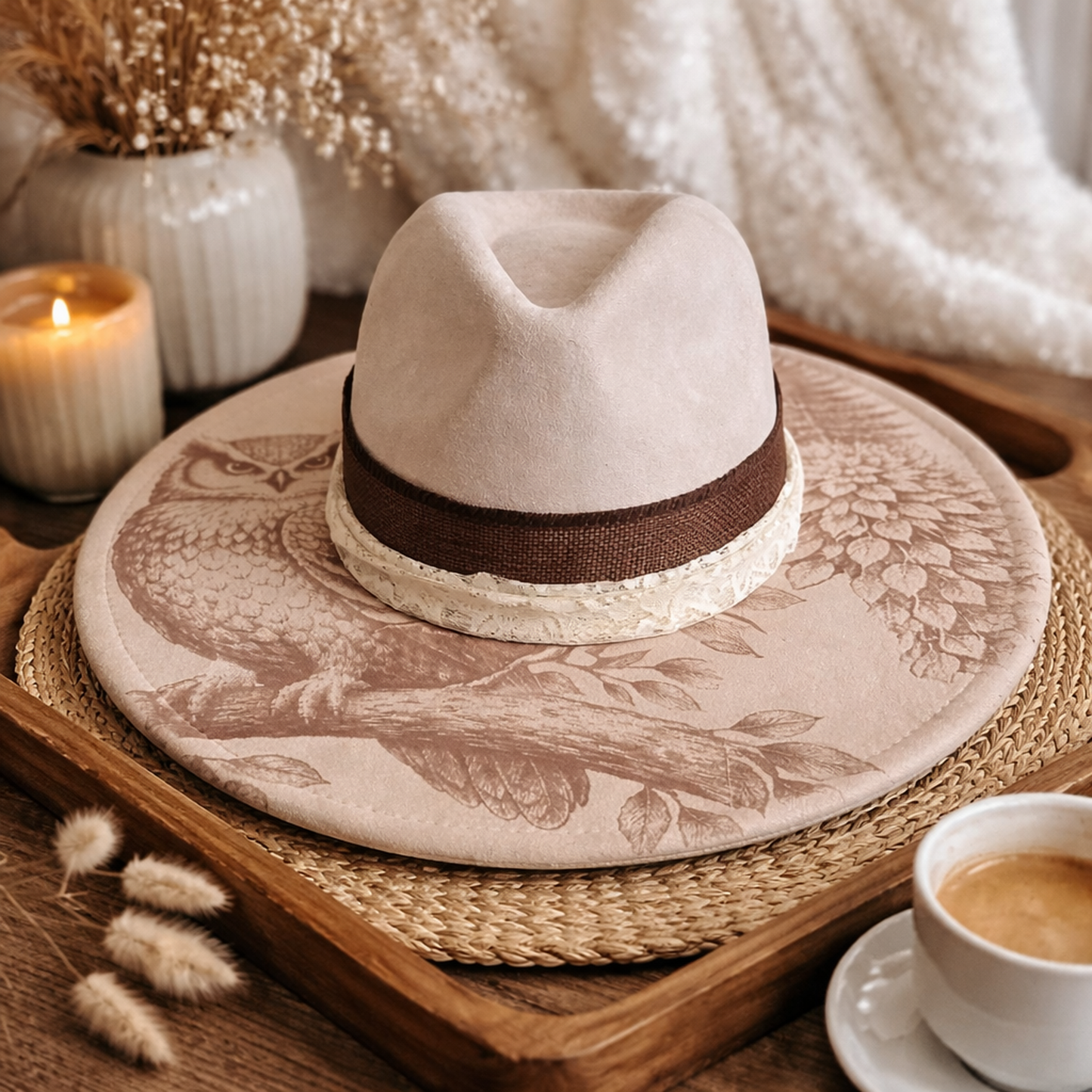 Suede Big Brim Cowboy Hat - Owl