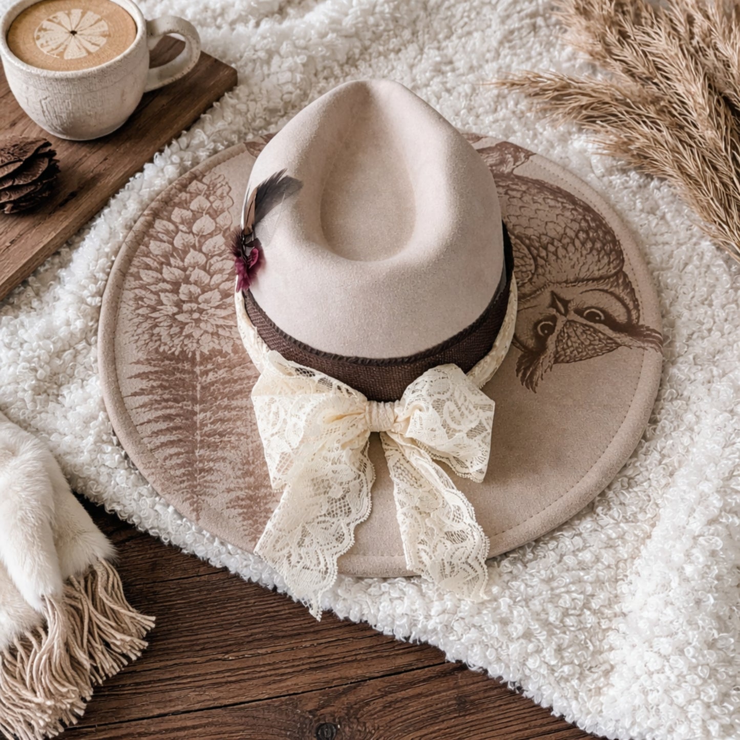 Suede Big Brim Cowboy Hat - Owl